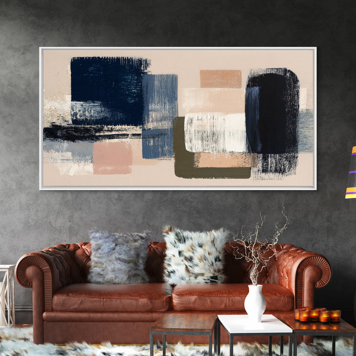 Bold Navy and Ivory Abstract Brushwork Canvas Print, Above Sofa Art, Textured Painting, Living Room Decor, Statement, ASA-2x1-86