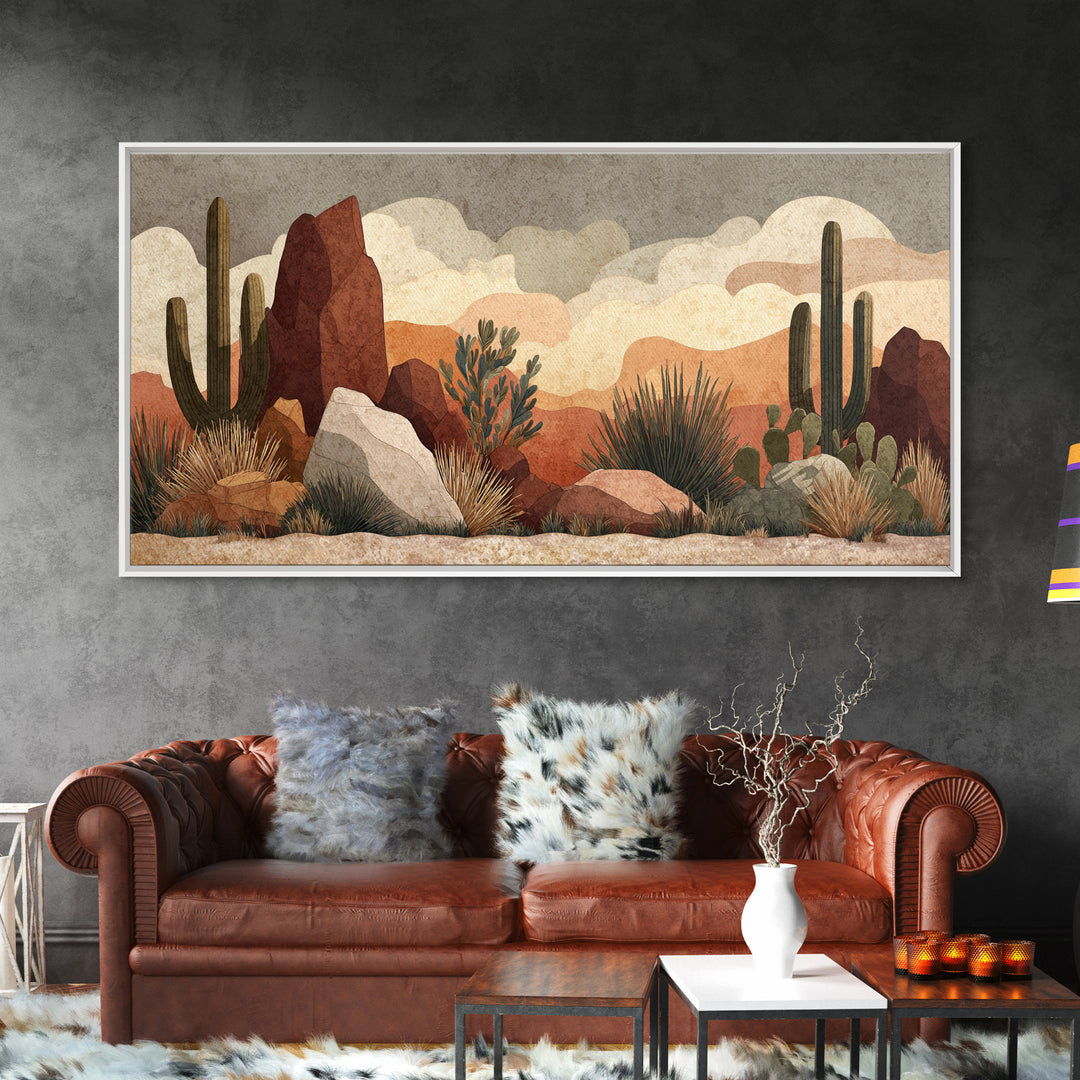 Desert Mesa Panorama Framed Canvas Print, Above Sofa Art, Boho Wall Art, Living Room Decor, Statement, Japandi Wall Art, ASA-2x1-88