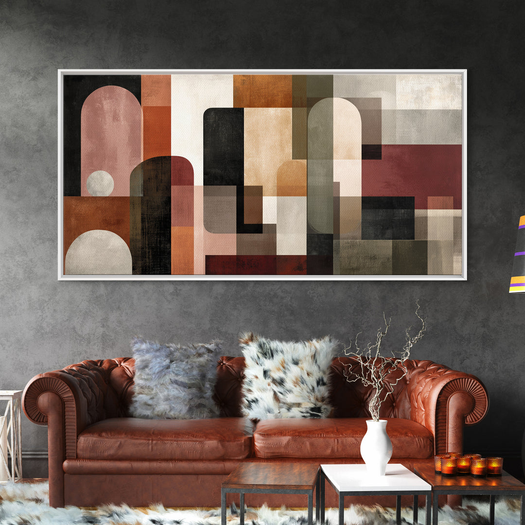 Bold Mid Century Geometric Forms Framed Canvas Print, Above Sofa Art, Bedroom Wall Art, Living Room Decor, Fine Art, Statement, ASA-2x1-96