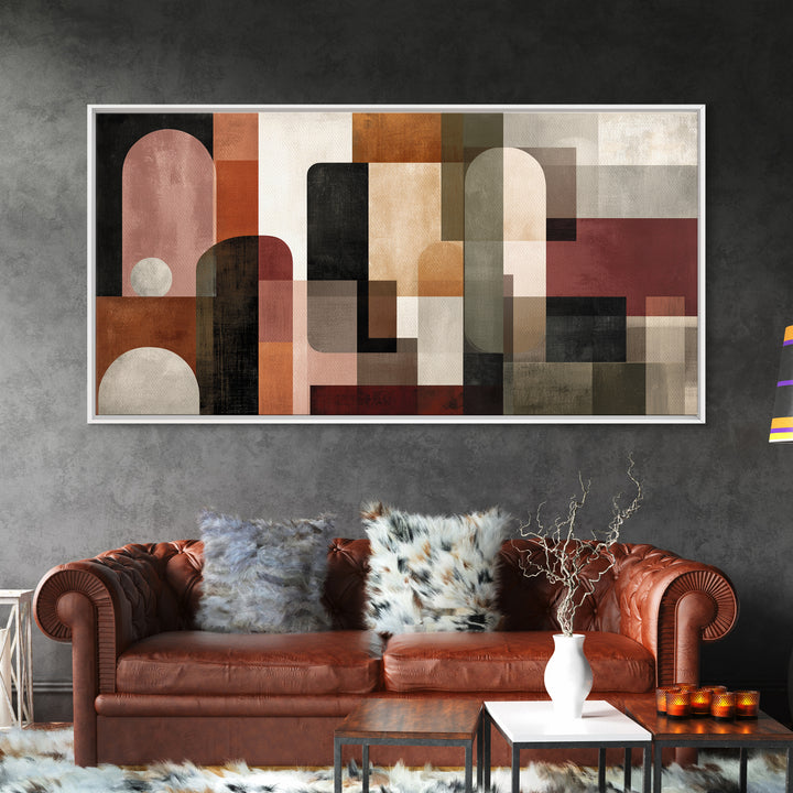 Bold Mid Century Geometric Forms Framed Canvas Print, Above Sofa Art, Bedroom Wall Art, Living Room Decor, Fine Art, Statement, ASA-2x1-96