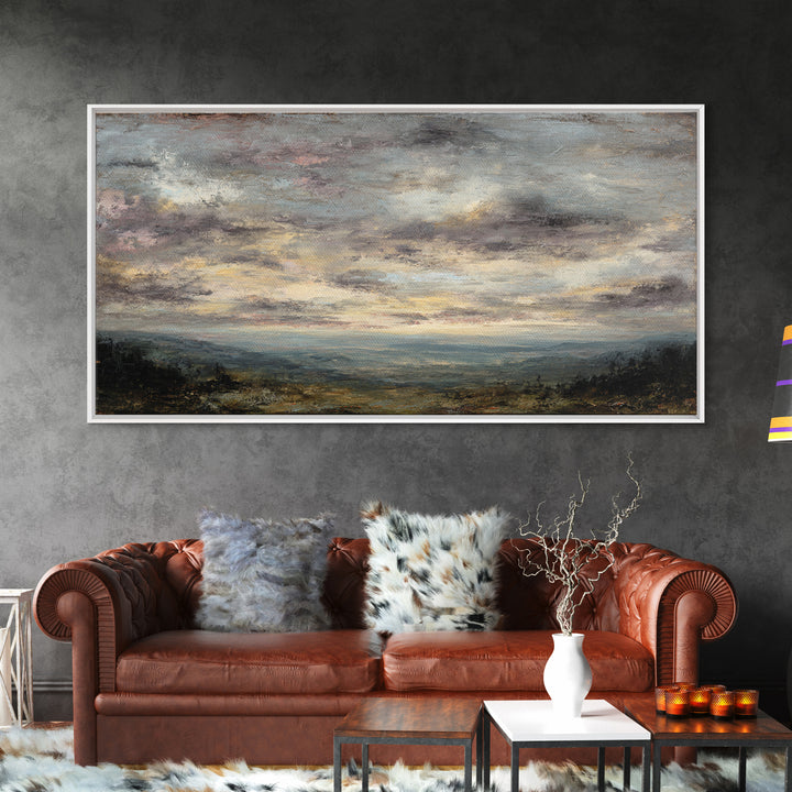 Dramatic Cloudscape over a Distant Valley Framed Canvas Print, Above Sofa Art, Canvas Wall Art, Living Room Decor, Statement, ASA-2x1-97