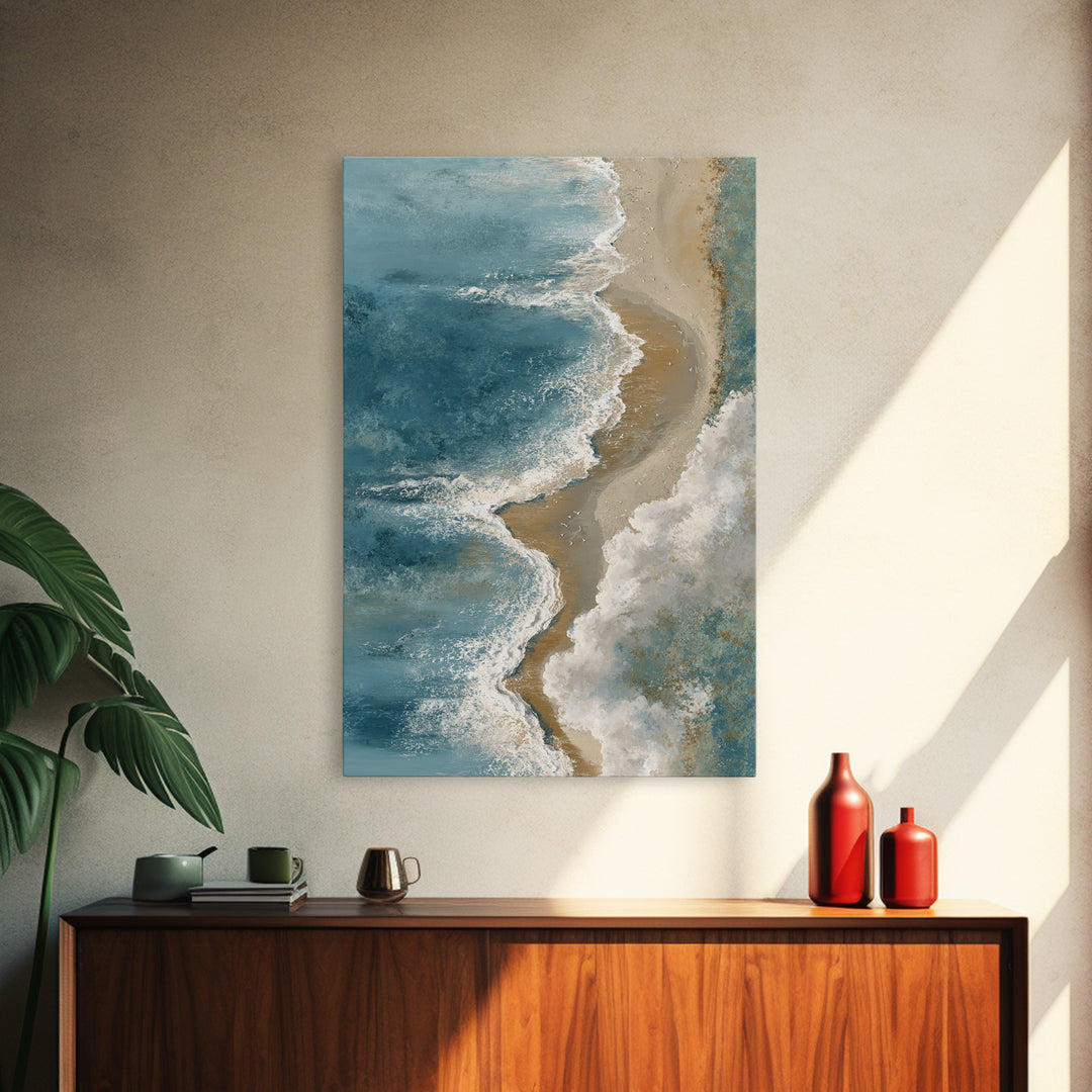 Panoramic Coastal Shoreline from an Aerial View Framed Canvas Print, Above Sofa Art, Boho Decor, Living Room Decor, Statement, ASA-2x3-59