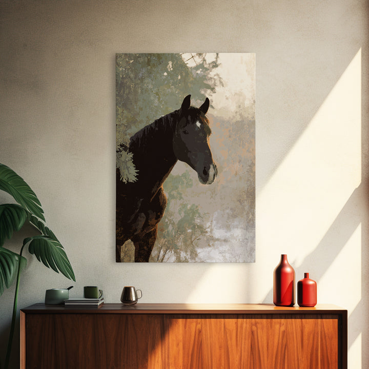 Statement Horse Silhouette Framed Canvas Print, Above Sofa Art, Mid Century Modern, Living Room Decor, Fine Art, Statement, ASA-2x3-69
