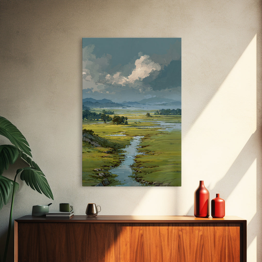 Wide Olive and Beige Meadow Panorama Framed Canvas Print, Above Sofa Art, Living Room Decor, Oil Painting, Statement, ASA-2x3-90