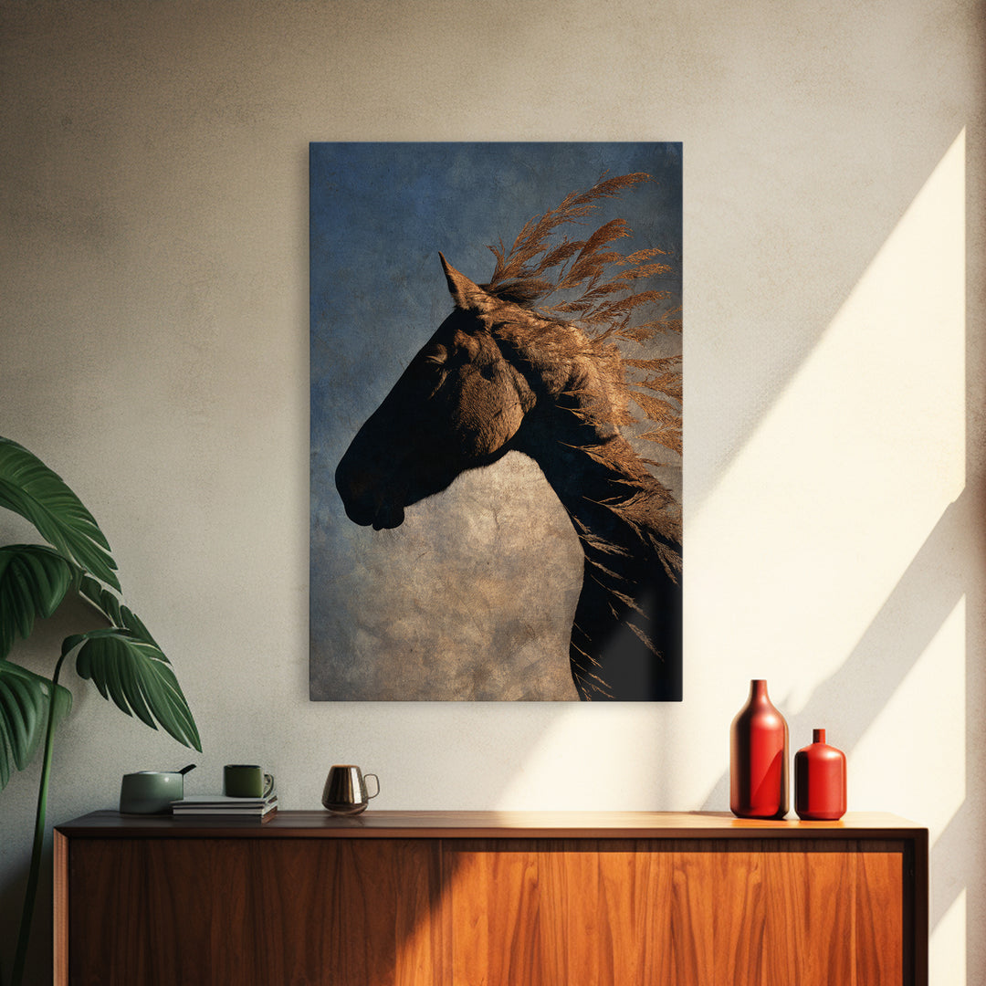 Statement Horse Silhouette Framed Canvas Print, Above Sofa Art, Mid Century Modern, Living Room Decor, Fine Art, Statement, ASA-2x3-93