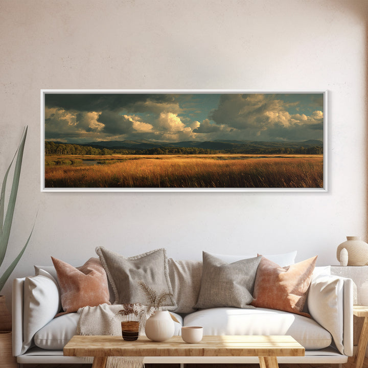 Wide Olive and Beige Meadow Panorama Framed Canvas Print, Above Sofa Art, Wall Art, Living Room Decor, Fine Art, Statement, ASA-3x1-2