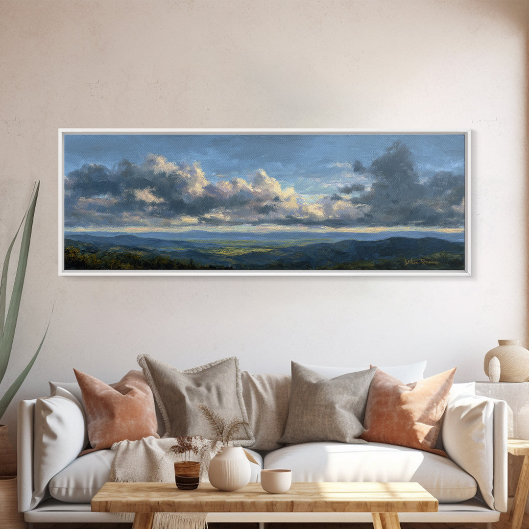 Dramatic Cloudscape over a Distant Valley Canvas Print, Above Sofa Art, Boho Wall Art, Living Room Decor, Watercolor Art, ASA-3x1-21