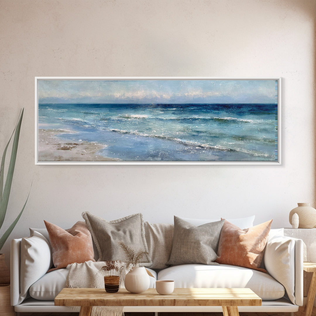 Moody Seascape at Twilight Framed Canvas Print, Above Sofa Art, Modern Art, Living Room Decor, Oil Painting, Statement, ASA-3x1-28