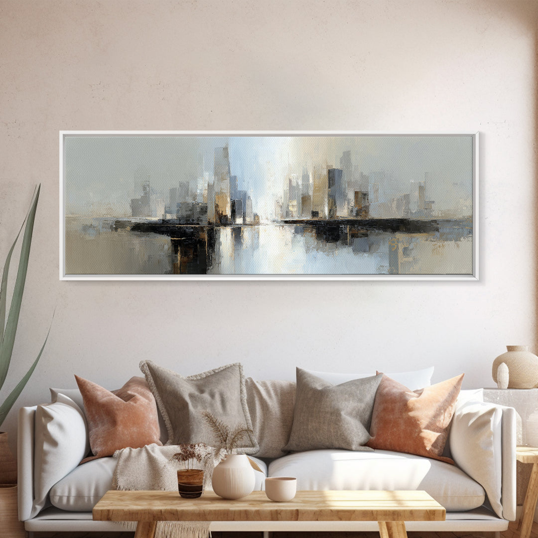 Quiet City Skyline Reduced to Elegant Shapes Canvas Print, Above Sofa Art, Mid Century Modern, Living Room Decor, Statement, ASA-3x1-38