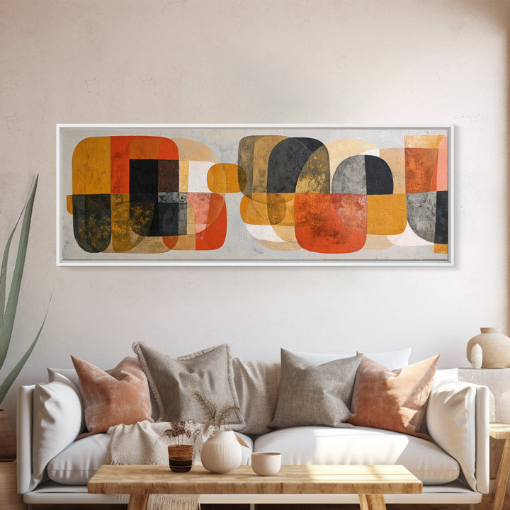 Bold Mid Century Geometric Forms Framed Canvas Print, Above Sofa Art, Gallery Decor, Living Room Decor, Abstract Art, Statement, ASA-3x1-44