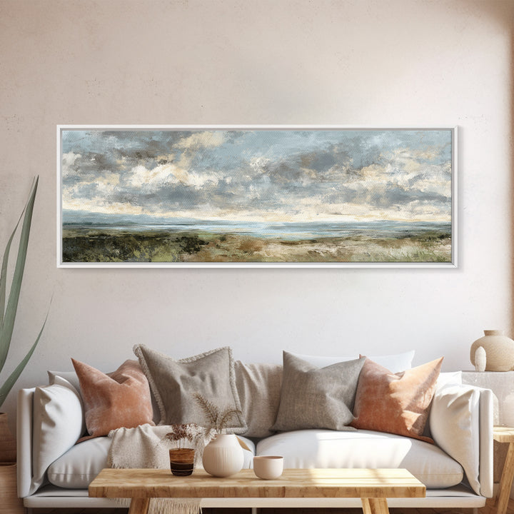 Dramatic Cloudscape over a Distant Valley Canvas Print, Above Sofa Art, Boho Wall Art, Living Room Decor, Watercolor Art, ASA-3x1-45