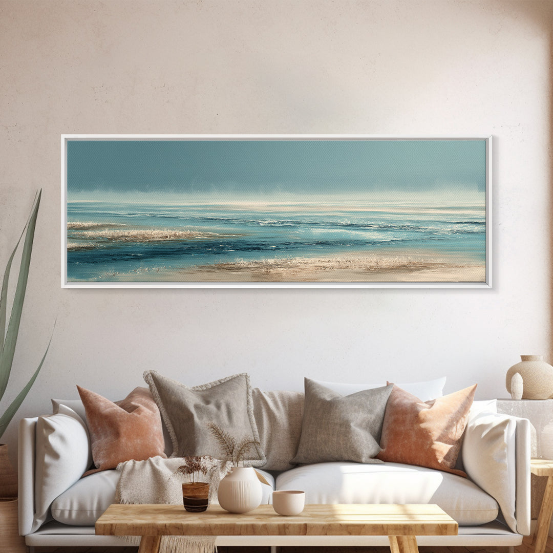 Moody Seascape at Twilight Framed Canvas Print, Above Sofa Art, Luxury Decor, Living Room Decor, Abstract Art, Statement, ASA-3x1-52