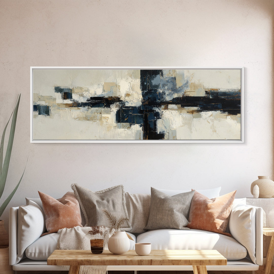 Bold Navy and Ivory Abstract Brushwork Framed Canvas Print, Above Sofa Art, Farmhouse Decor, Living Room Decor, Statement, ASA-3x1-58