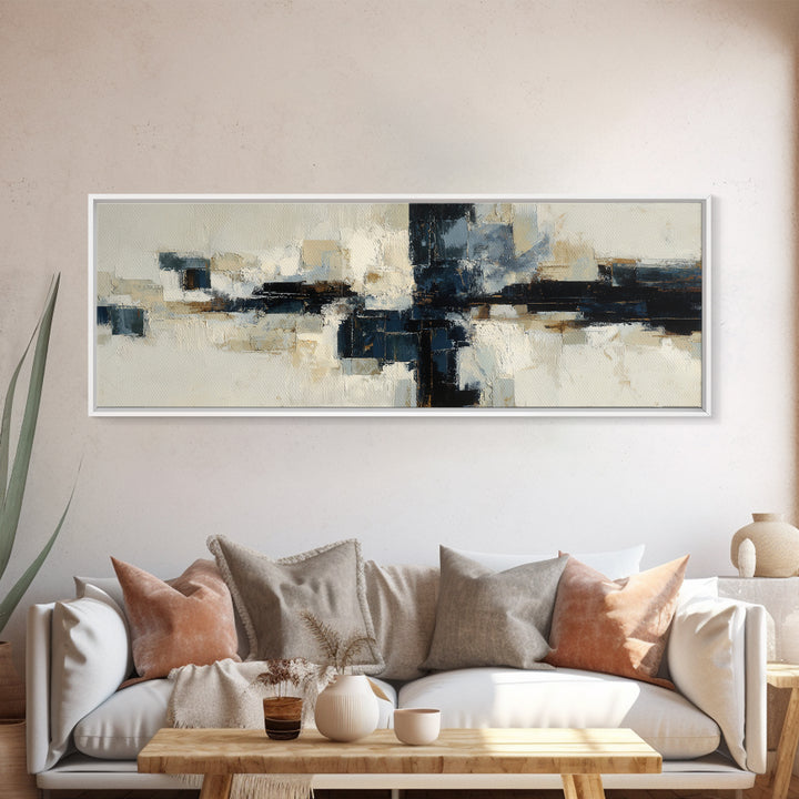 Bold Navy and Ivory Abstract Brushwork Framed Canvas Print, Above Sofa Art, Farmhouse Decor, Living Room Decor, Statement, ASA-3x1-58