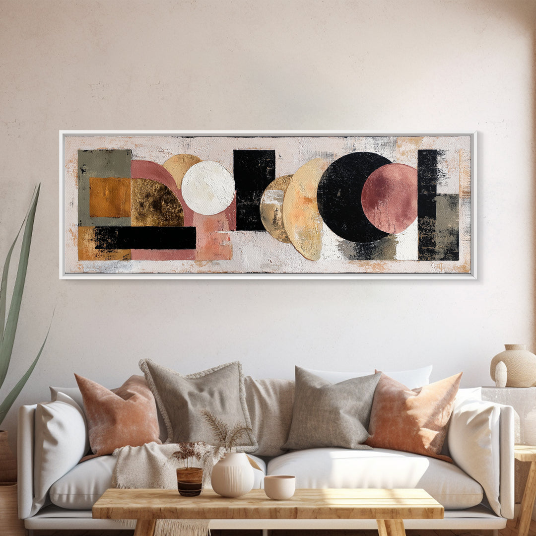 Bold Mid Century Geometric Forms Framed Canvas Print, Above Sofa Art, Living Room Decor, Abstract Art, Statement, ASA-3x1-68