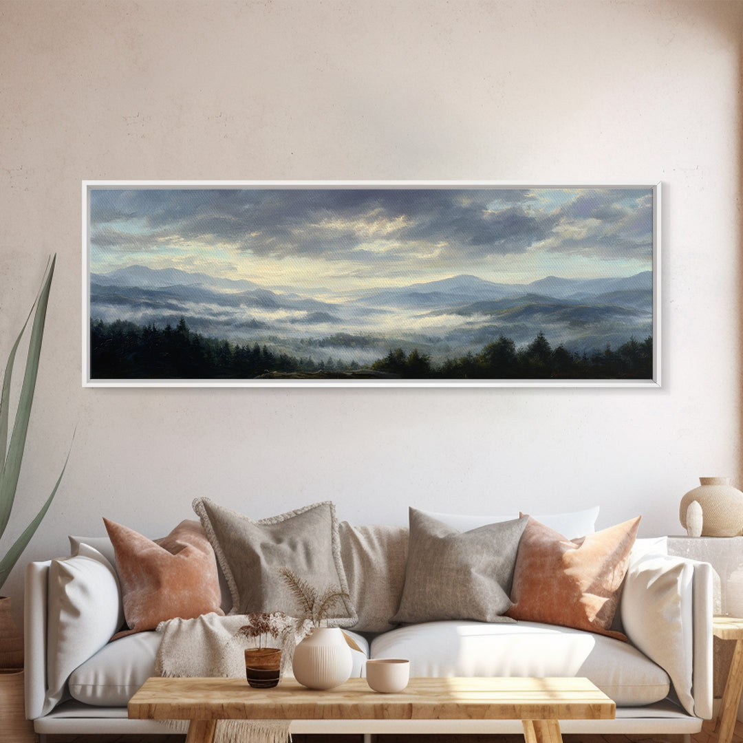 Dramatic Cloudscape over a Distant Valley Framed Canvas Print, Above Sofa Art, Canvas Print, Living Room Decor, Statement, ASA-3x1-69