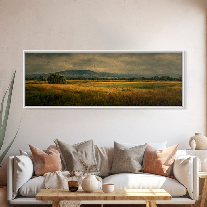 Wide Olive and Beige Meadow Panorama Framed Canvas Print, Above Sofa Art, Boho Wall Art, Living Room Decor, Fine Art, Statement, ASA-3x1-74