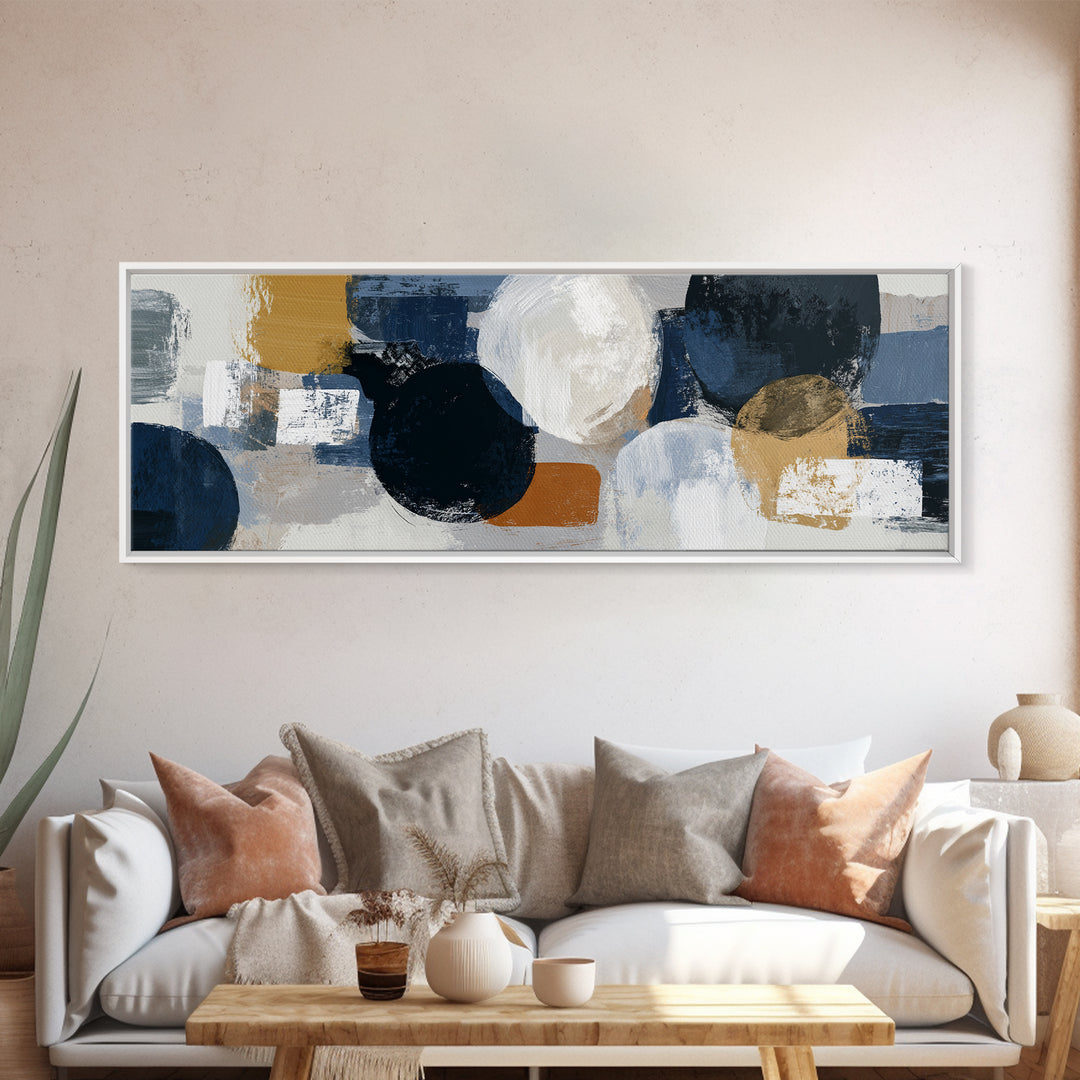 Bold Navy and Ivory Abstract Brushwork Framed Canvas Print, Above Sofa Art, Farmhouse Decor, Living Room Decor, Statement, ASA-3x1-82