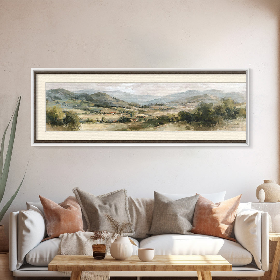 Sunlit Rolling Hills Framed Canvas Print, Above Sofa Art, Mid Century Modern, Living Room Decor, Fine Art, Statement, ASA-3x1-9