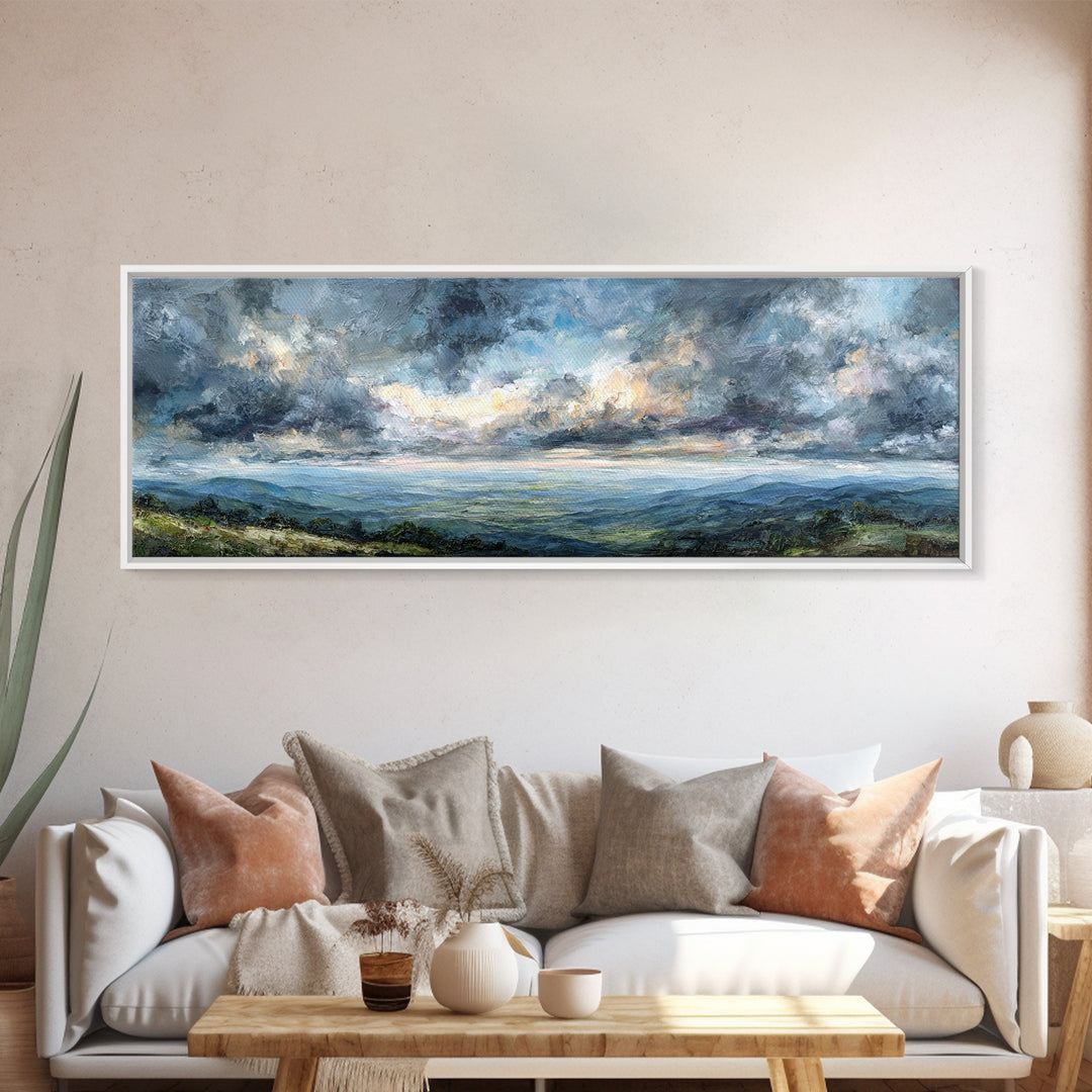 Dramatic Cloudscape over a Distant Valley Canvas Print, Above Sofa Art, Coastal Wall Art, Living Room Decor, Oil Painting, ASA-3x1-93