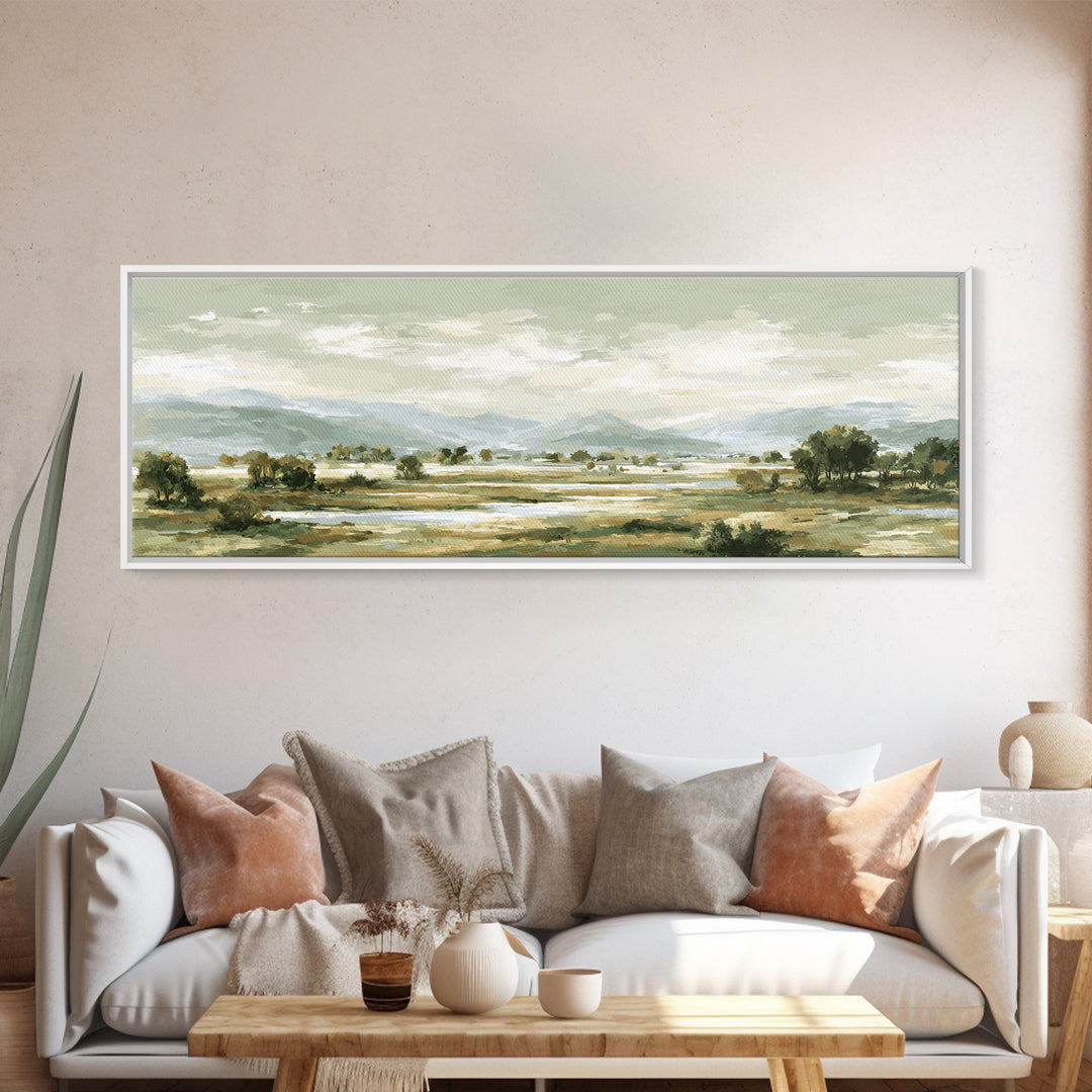 Wide Olive and Beige Meadow Panorama Canvas Print, Above Sofa Art, Canvas Print, Living Room Decor, Oil Painting, Statement, ASA-3x1-98