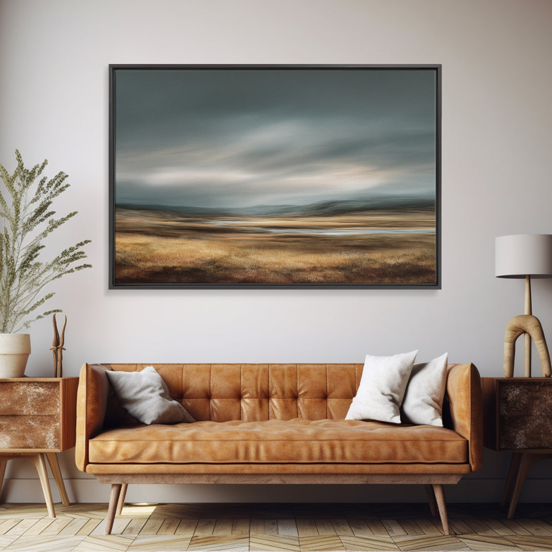 Wide Olive and Beige Meadow Panorama Framed Canvas Print, Above Sofa Art, Living Room Decor, Oil Painting, Statement, ASA-3x2-14