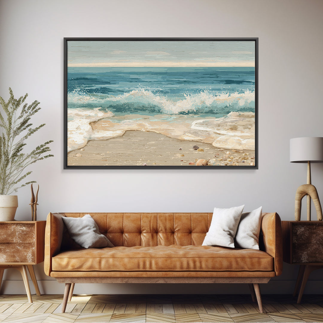 Moody Seascape at Twilight Framed Canvas Print, Above Sofa Art, Abstract Wall Art, Living Room Decor, Oil Painting, Statement, ASA-3x2-40