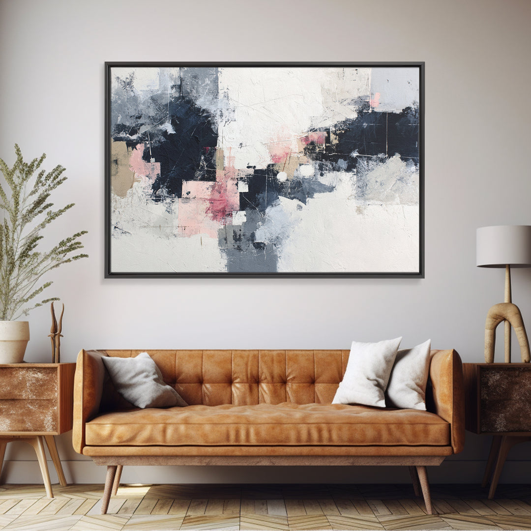 Bold Navy and Ivory Abstract Brushwork Framed Canvas Print, Above Sofa Art, Living Room Decor, Abstract Art, Statement, ASA-3x2-46