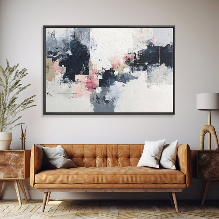 Bold Navy and Ivory Abstract Brushwork Framed Canvas Print, Above Sofa Art, Living Room Decor, Abstract Art, Statement, ASA-3x2-46