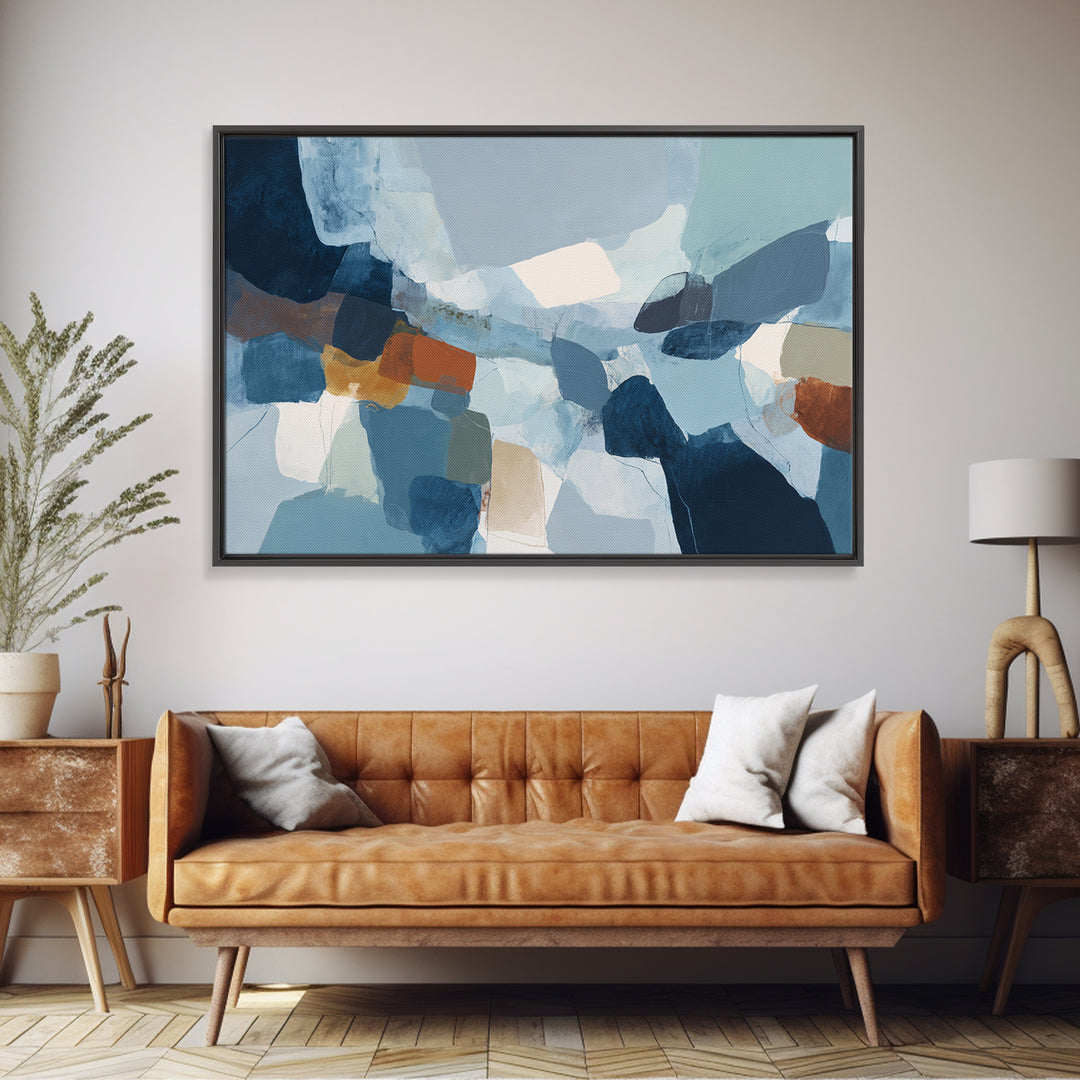 Bold Navy and Ivory Abstract Brushwork Framed Canvas Print, Above Sofa Art, Living Room Decor, Abstract Art, Statement, ASA-3x2-70