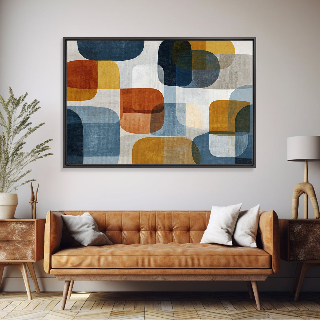 Bold Mid Century Geometric Forms Framed Canvas Print, Above Sofa Art, Floral Wall Art, Living Room Decor, Abstract Art, ASA-3x2-80