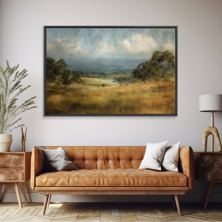 Wide Olive and Beige Meadow Panorama Framed Canvas Print, Above Sofa Art, Horizontal Wall Art, Living Room Decor, Statement, ASA-3x2-86