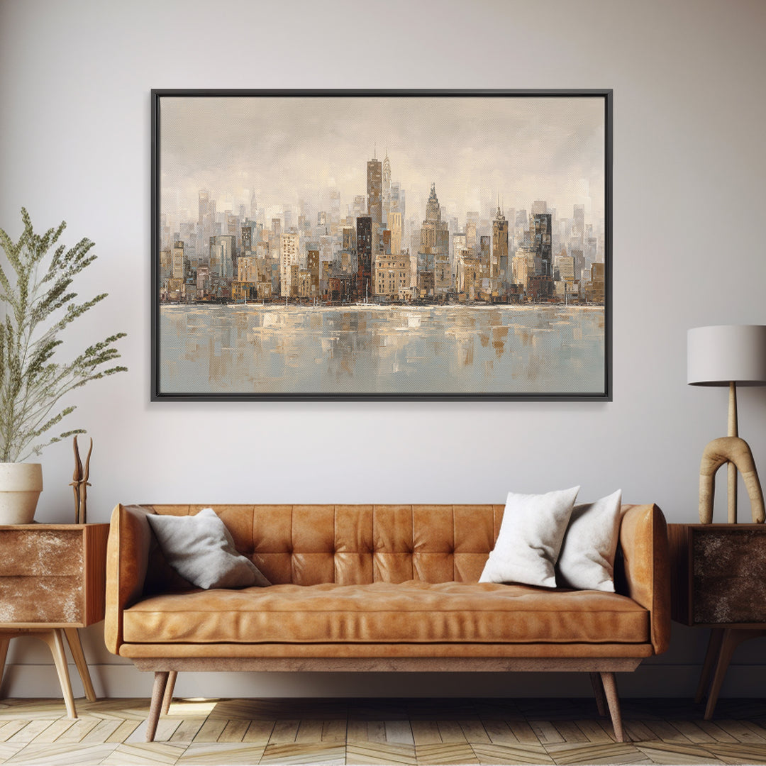 Quiet City Skyline Reduced to Elegant Shapes Canvas Print, Above Sofa Art, Watercolor Painting, Living Room Decor, Statement, ASA-3x2-98