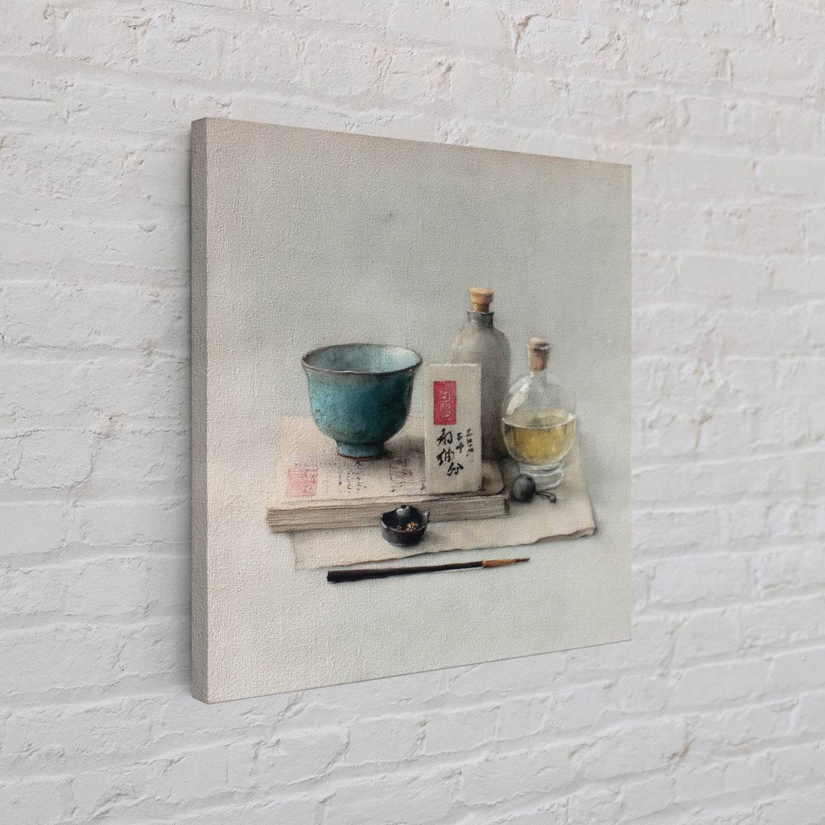 Tea Bowl and Steam Still Life on Canvas Print, Asian Inspired Art, Bird Art, Living Room Decor, Oil Painting, Harmony, ASI-1x1-15