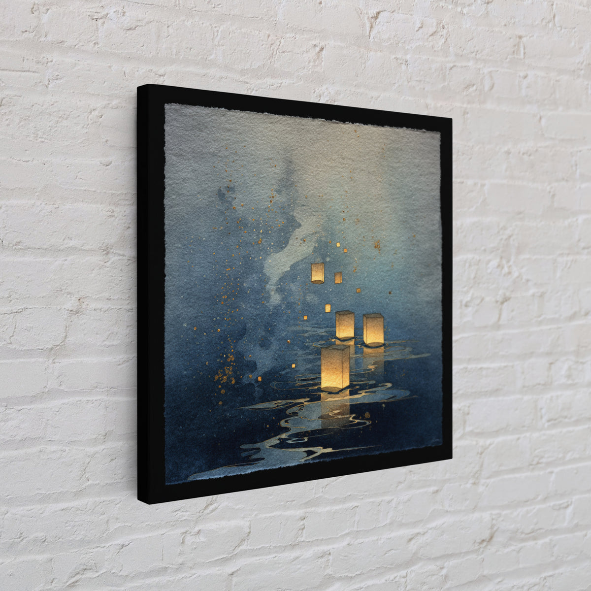 Floating Lanterns over Dark Water with Gentle Canvas Print, Asian Inspired Art, Bedroom Wall Decor, Living Room Decor, Harmony, ASI-1x1-19
