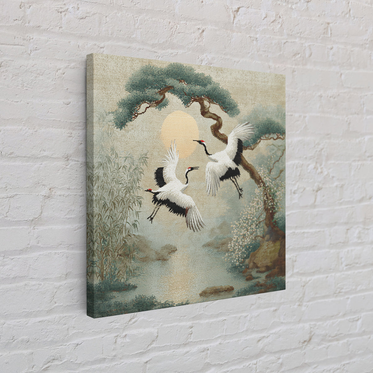 Red Crowned Cranes Flying Through Misty Pine Canvas Print, Asian Inspired Art, Modern Decor, Living Room Decor, Harmony, ASI-1x1-49