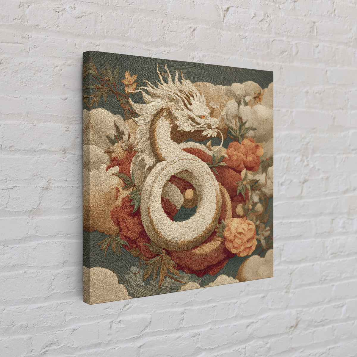Dragon Curling Through Clouds Framed Canvas Print, Asian Inspired Art, Asian Wall Art, Living Room Decor, Oil Painting, Harmony, ASI-1x1-61