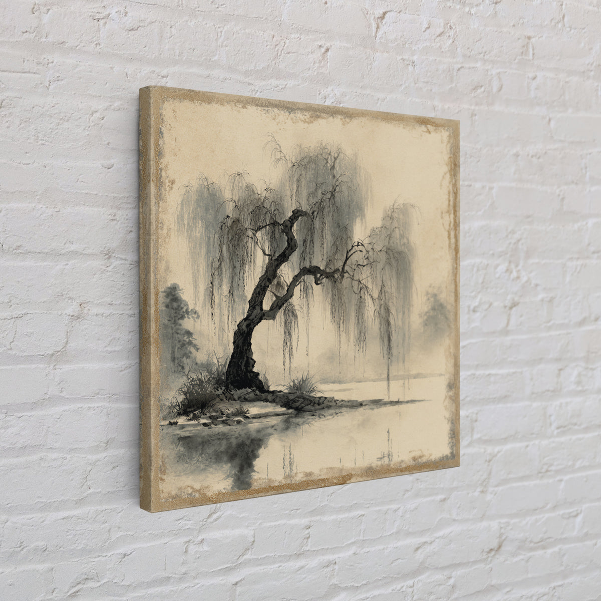 Willow Tree over a Reflective Pond Framed Canvas Print, Asian Inspired Art, Botanical Print, Living Room Decor, Abstract Art, ASI-1x1-66