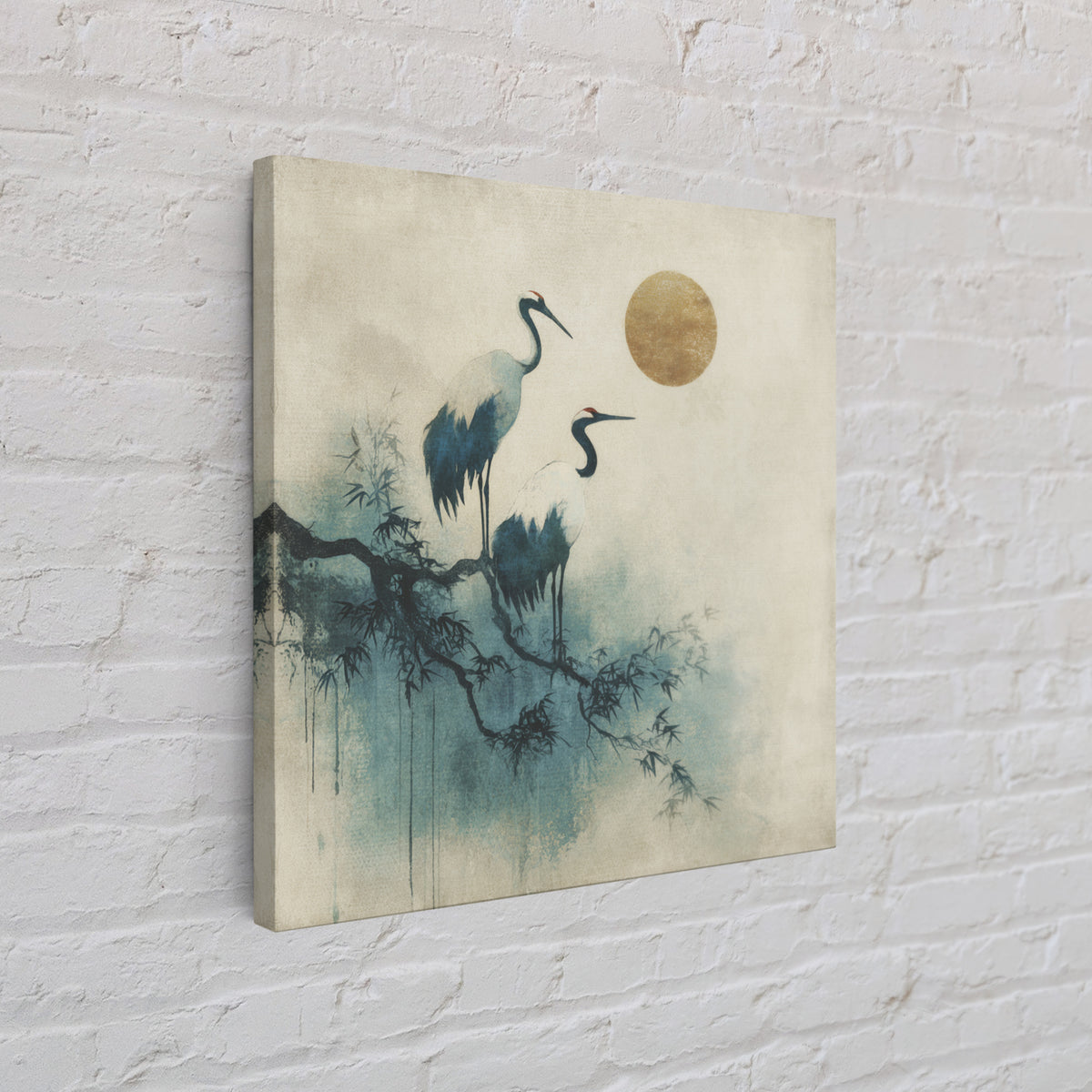 Crane and Moon Composition Framed Canvas Print, Asian Inspired Art, Japanese Art Print, Living Room Decor, Abstract Art, ASI-1x1-72