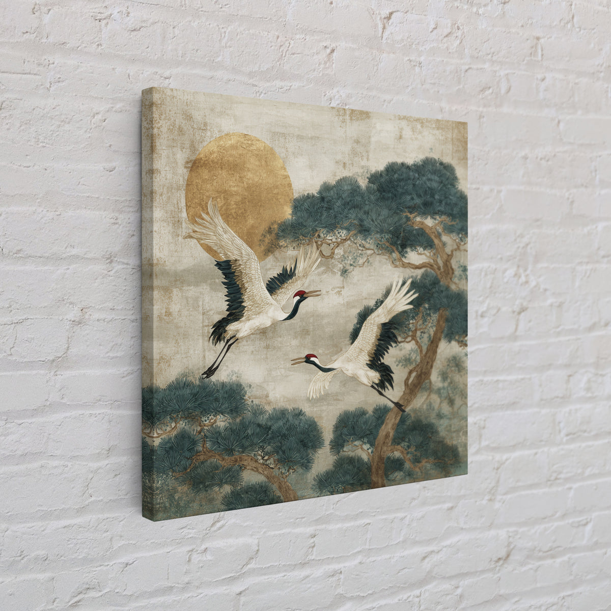 Red Crowned Cranes Flying Through Misty Pine Canvas Print, Asian Inspired Art, Art Print, Living Room Decor, Harmony, ASI-1x1-73