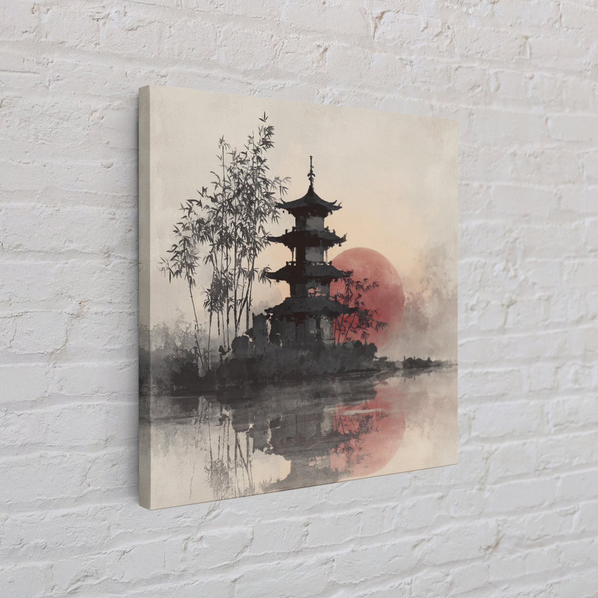 Pagoda Silhouette at Sunset Framed Canvas Print, Asian Inspired Art, Statement Artwork, Living Room Decor, Fine Art, Harmony, ASI-1x1-83