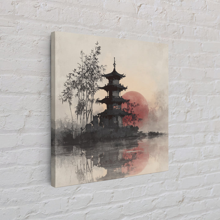 Pagoda Silhouette at Sunset Framed Canvas Print, Asian Inspired Art, Statement Artwork, Living Room Decor, Fine Art, Harmony, ASI-1x1-83