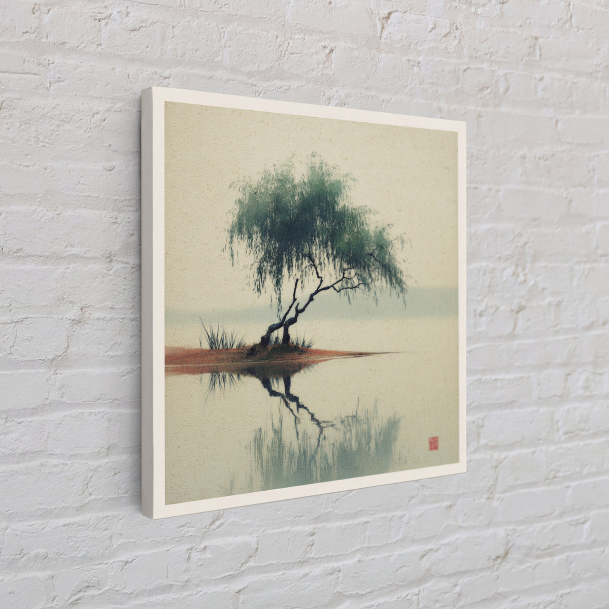 Willow Tree over a Reflective Pond Canvas Print, Asian Inspired Art, Spiritual Wall Art, Living Room Decor, Fine Art, Harmony, ASI-1x1-90