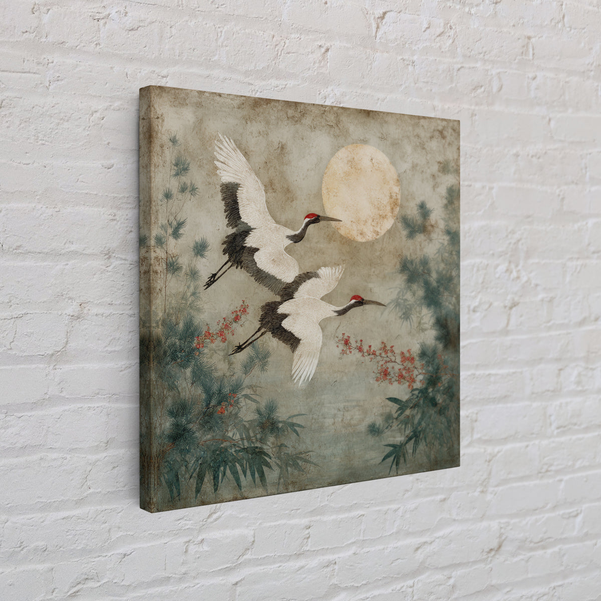 Red Crowned Cranes Flying Through Misty Pine Canvas Print, Asian Inspired Art, Wall Art, Living Room Decor, Oil Painting, ASI-1x1-97