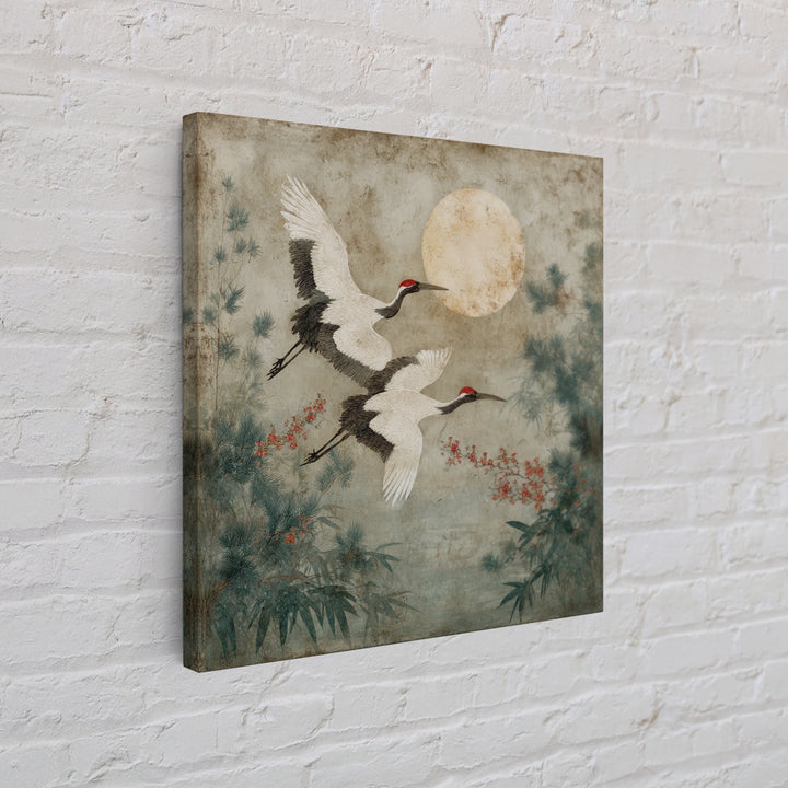 Red Crowned Cranes Flying Through Misty Pine Canvas Print, Asian Inspired Art, Wall Art, Living Room Decor, Oil Painting, ASI-1x1-97