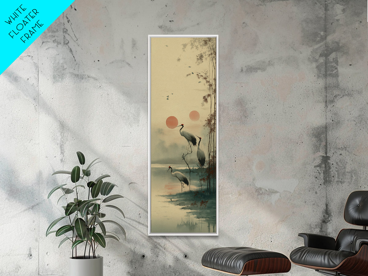 Crane and Moon Composition Canvas Print, Asian Inspired Art, Boho Decor, Living Room Decor, Oil Painting, Harmony, Digital Art, ASI-1x3-12