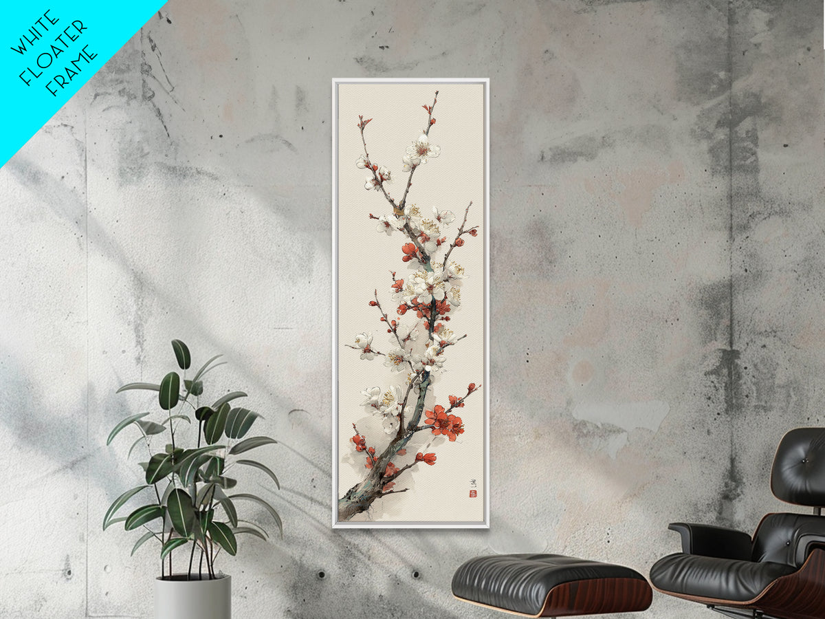 Plum Blossom Branch Painted Framed Canvas Print, Asian Inspired Art, Art Print, Living Room Decor, Oil Painting, Harmony, ASI-1x3-24