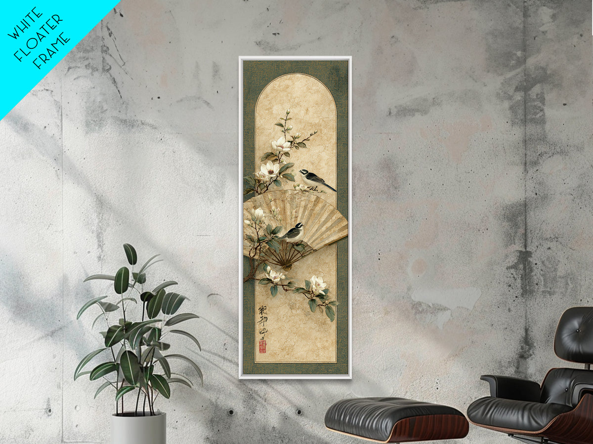 Fan Shaped Composition of Blossoms and Birds Canvas Print, Asian Inspired Art, Modern Decor, Living Room Decor, Harmony, ASI-1x3-29