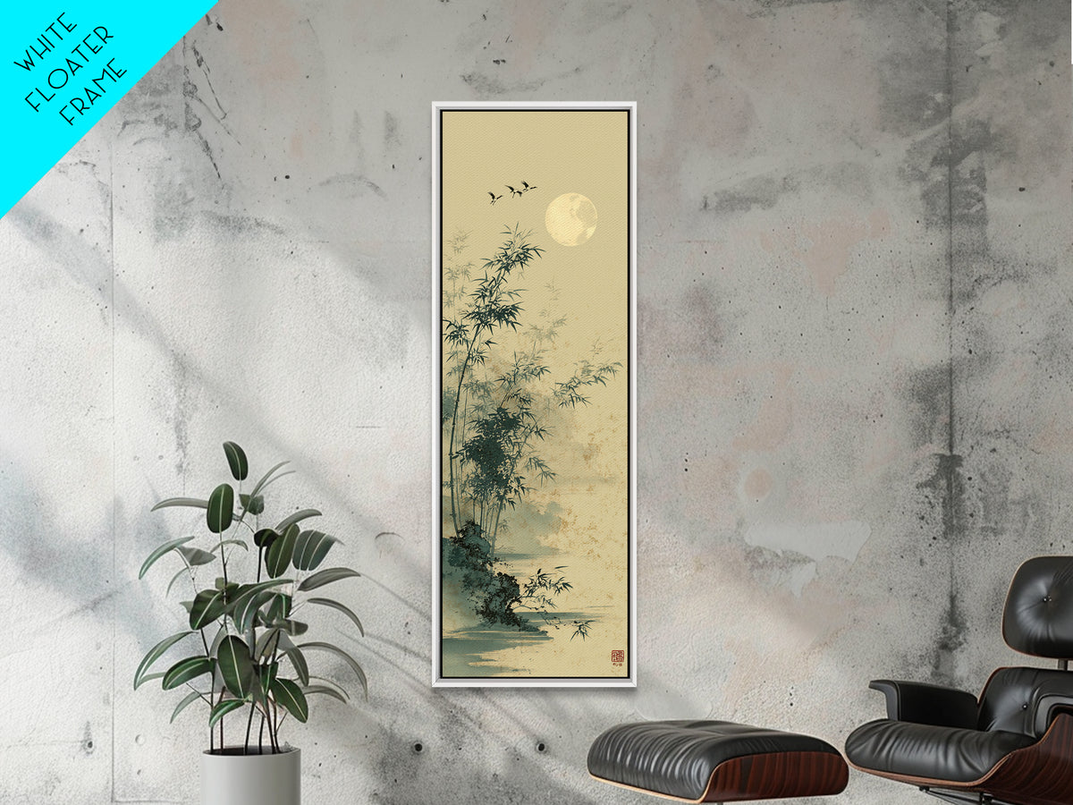 Crane and Moon Composition Canvas Print, Asian Inspired Art, Living Room Decor, Abstract Art, Harmony, Farmhouse Wall Art, ASI-1x3-60