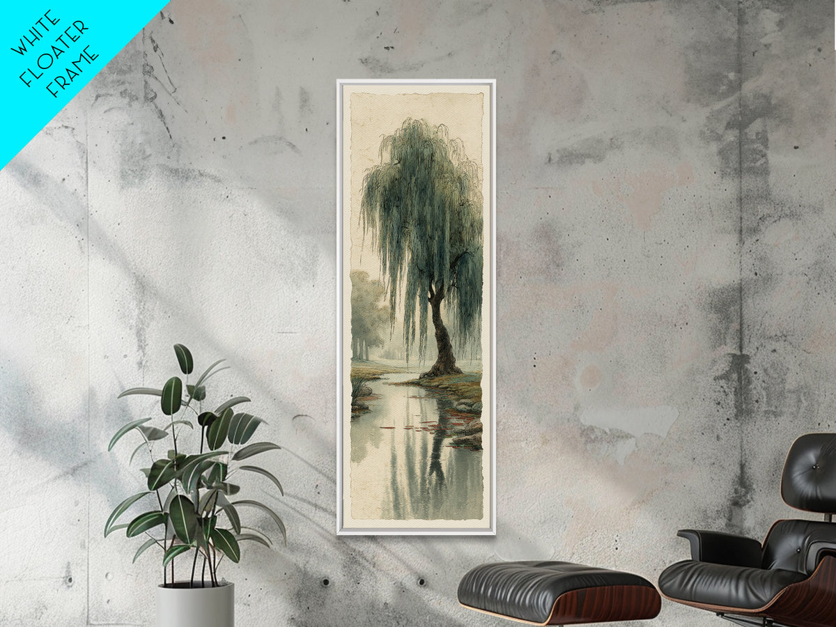 Willow Tree over a Reflective Pond Canvas Print, Asian Inspired Art, Asian Wall Art, Living Room Decor, Fine Art, Harmony, ASI-1x3-78